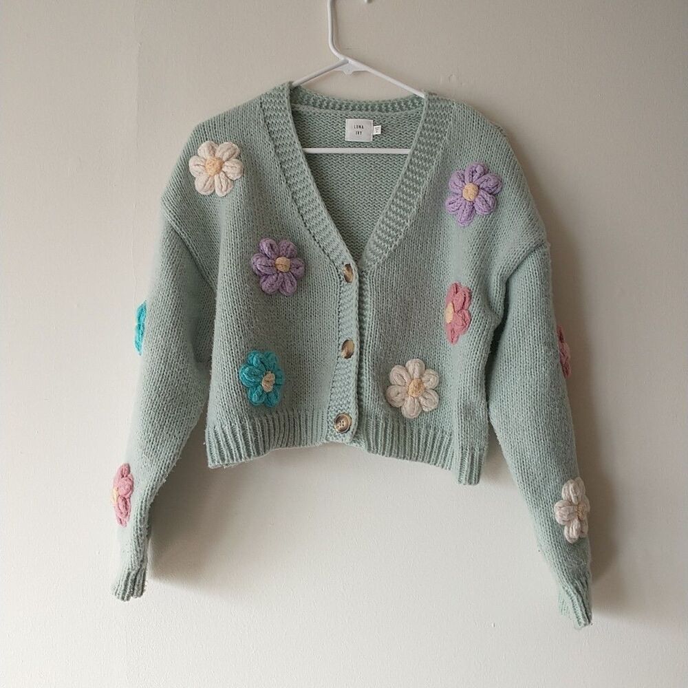 Anthropologie Luna Ivy Cardigan Sweater Women S Green Chunky 3D Knit Floral Crop